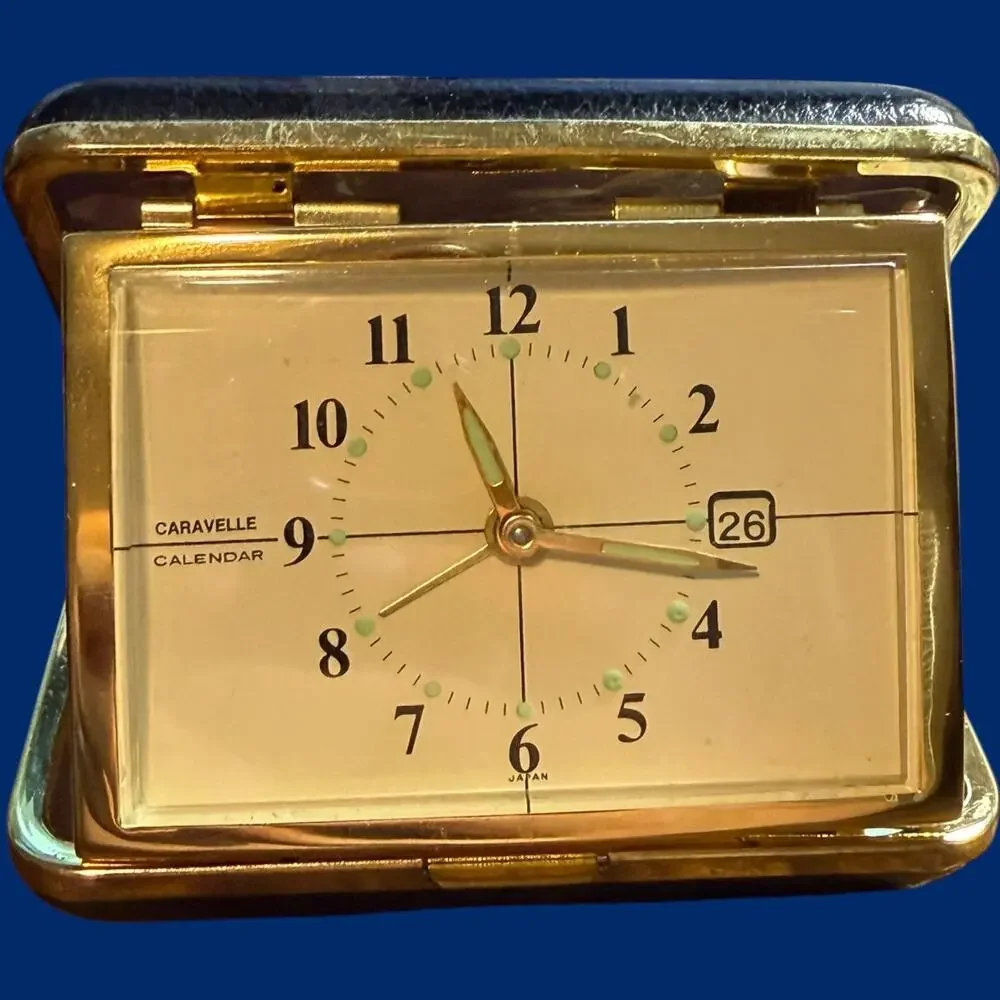 Caravelle Folding Travel Alarm Clock Calendar Mechanical Wind-Up Japan